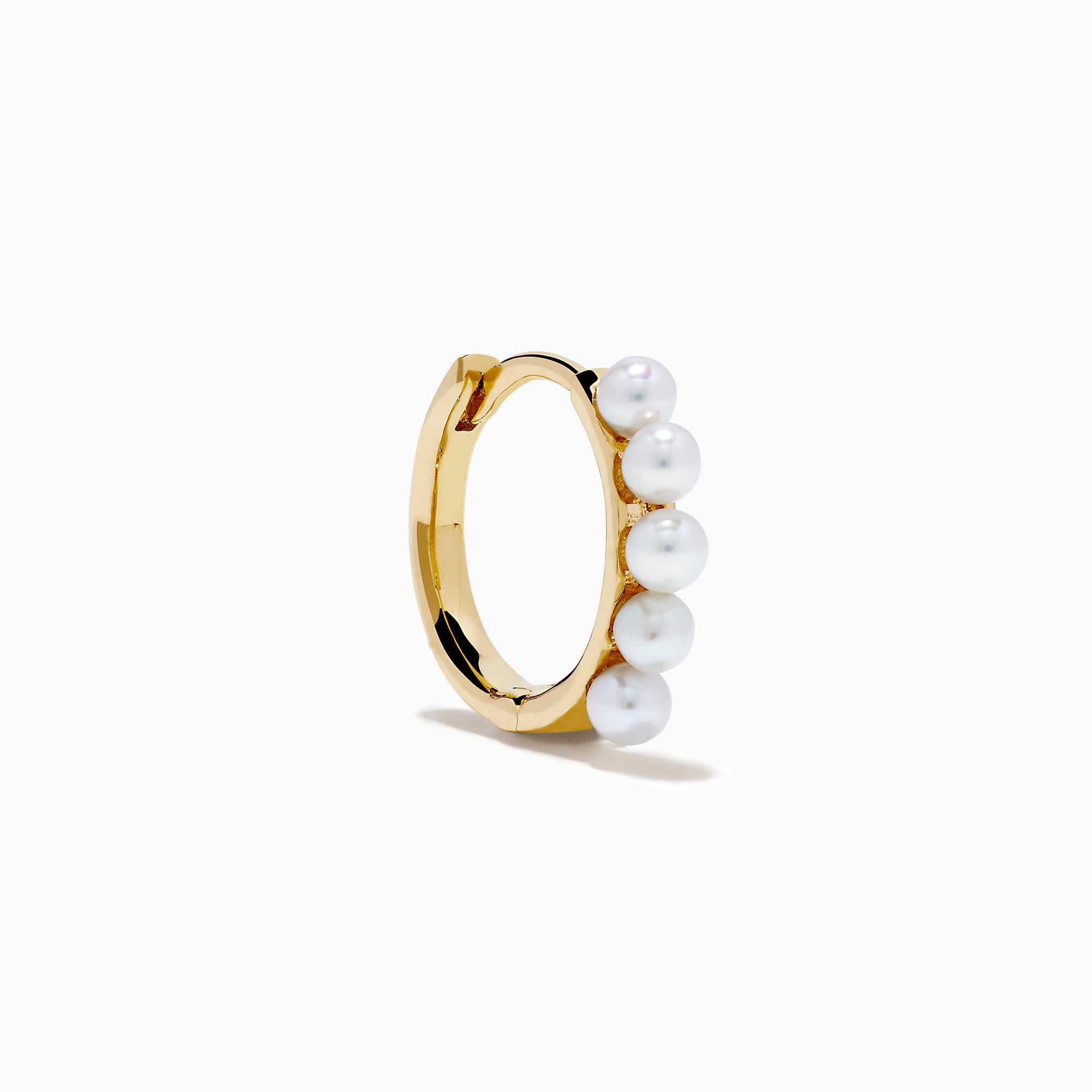 The 14K Yellow Gold Cultured Fresh Water Pearl Huggie Earrings each feature a vertical row of five small pearls and are shown against a plain white background.