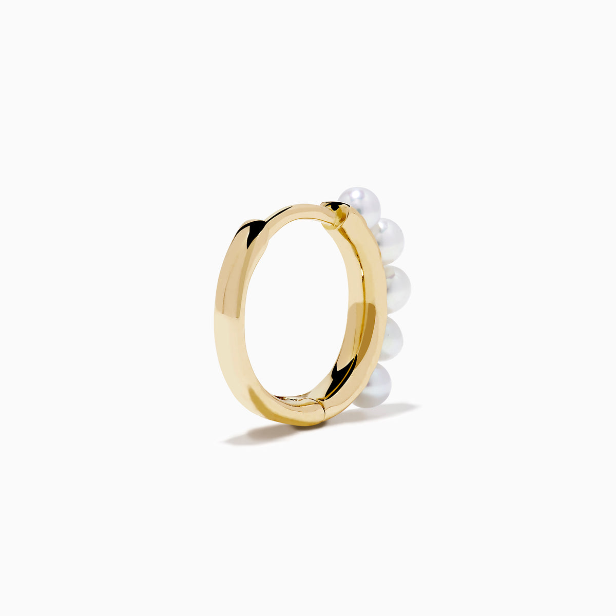 The 14K Yellow Gold Cultured Fresh Water Pearl Huggie Earrings each feature a vertical row of five small pearls and are shown against a plain white background.