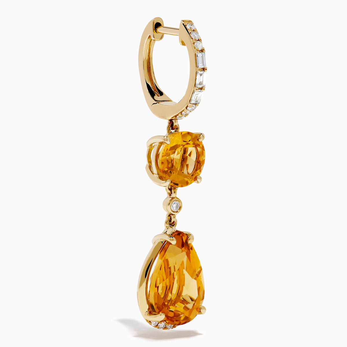 The 14K Yellow Gold Citrine and Diamond Dangle Earrings feature round and teardrop citrine gemstones with diamond accents on the clasps and between the stones, shown against a white background.