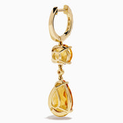 The 14K Yellow Gold Citrine and Diamond Dangle Earrings feature round and teardrop citrine gemstones with diamond accents on the clasps and between the stones, shown against a white background.
