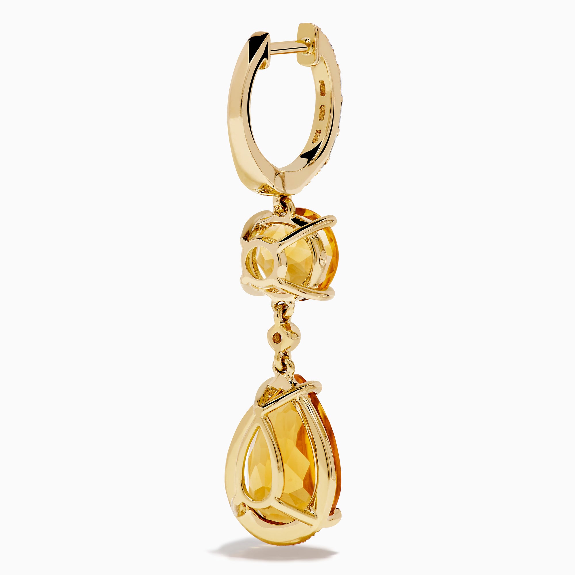 The 14K Yellow Gold Citrine and Diamond Dangle Earrings feature round and teardrop citrine gemstones with diamond accents on the clasps and between the stones, shown against a white background.