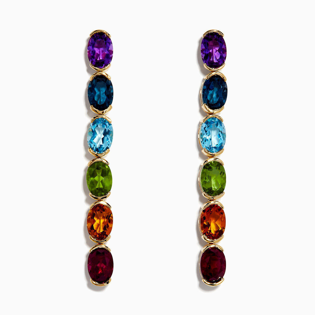 The Mosaic 14K Yellow Gold Multi Gemstone Drop Earrings feature seven vertically arranged oval stones in purple, dark blue, light blue, green, yellow, orange, and red on a white background.