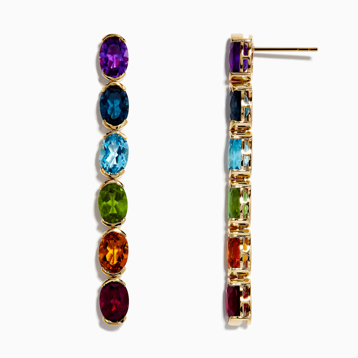 The Mosaic 14K Yellow Gold Multi Gemstone Drop Earrings feature seven vertically arranged oval stones in purple, dark blue, light blue, green, yellow, orange, and red on a white background.