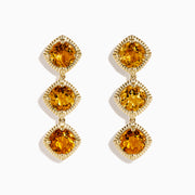 14K Yellow Gold Citrine Linear Drop Earrings feature three square, faceted citrine gemstones in each earring, set in textured gold frames and displayed on a white background.