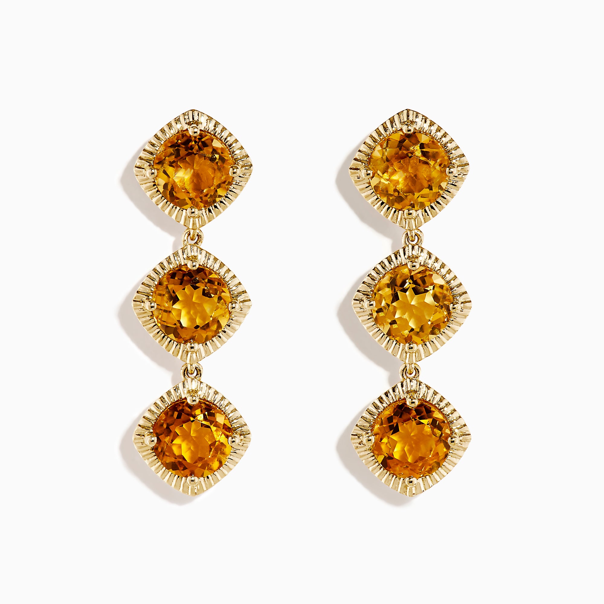14K Yellow Gold Citrine Linear Drop Earrings feature three square, faceted citrine gemstones in each earring, set in textured gold frames and displayed on a white background.