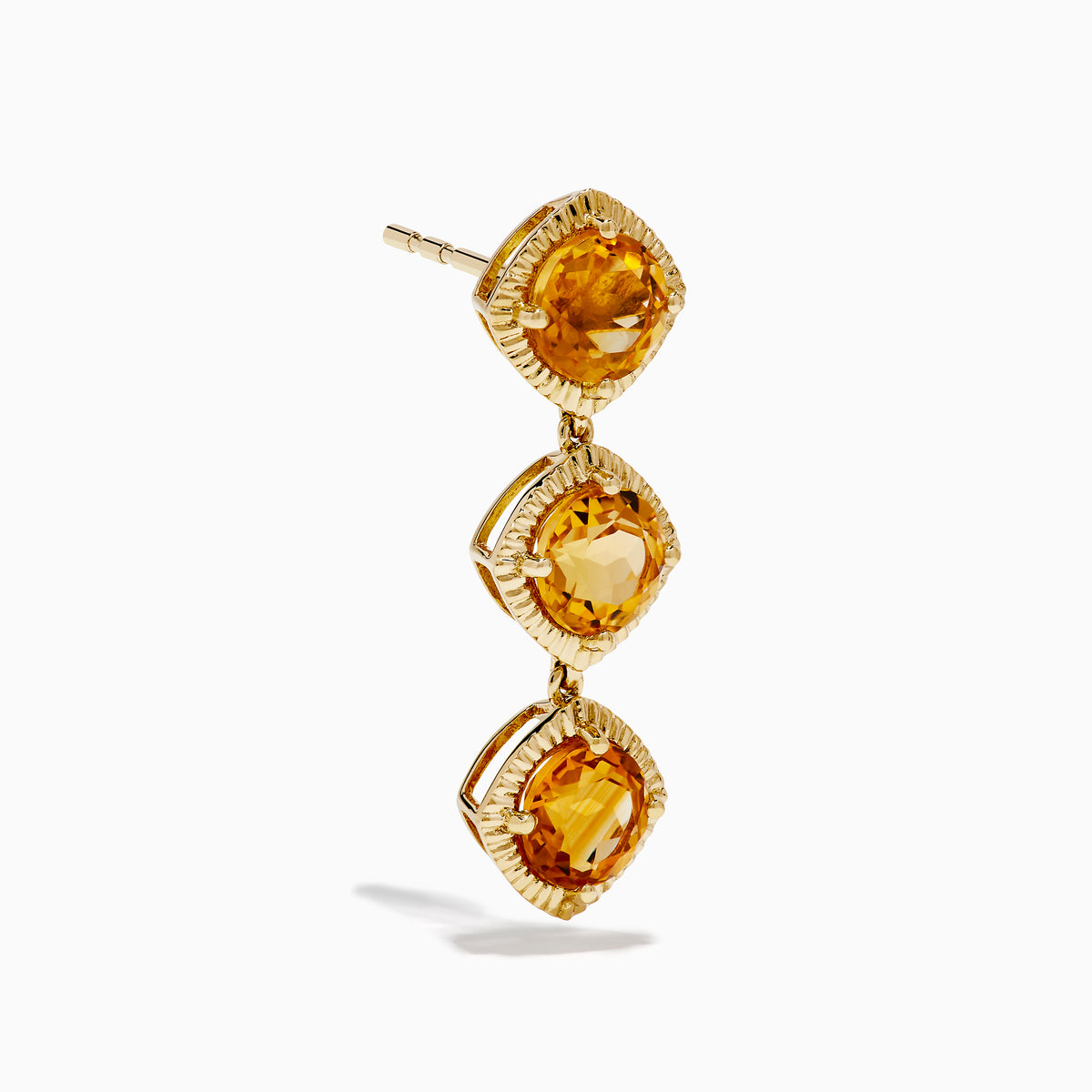 14K Yellow Gold Citrine Linear Drop Earrings feature three square, faceted citrine gemstones in each earring, set in textured gold frames and displayed on a white background.