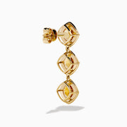 14K Yellow Gold Citrine Linear Drop Earrings feature three square, faceted citrine gemstones in each earring, set in textured gold frames and displayed on a white background.