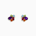 The Mosaic 14K Yellow Gold Multi Gemstone and Diamond Earrings feature a clustered floral design with vibrant purple, red, blue, green, and orange stones set against a white background.