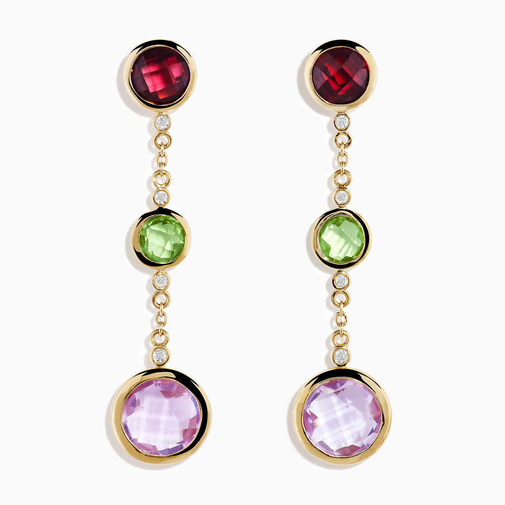 The 14K Yellow Gold Diamond and Multi Color Gemstone Linear Drop Earrings feature red, green, and a larger purple gemstone with sparkling diamond accents, making these gold drop earrings a dazzling statement piece.