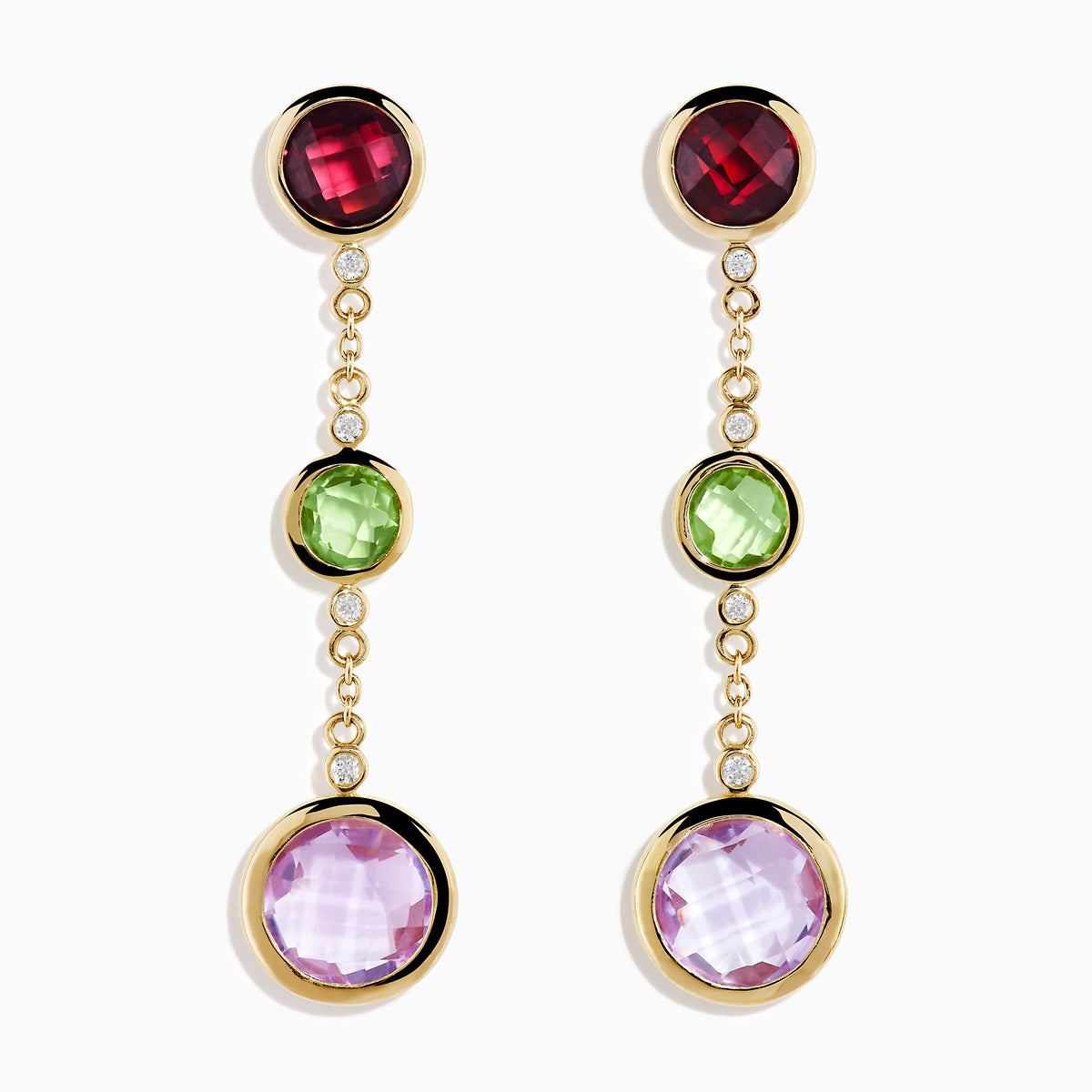 The 14K Yellow Gold Diamond and Multi Color Gemstone Linear Drop Earrings feature red, green, and a larger purple gemstone with sparkling diamond accents, making these gold drop earrings a dazzling statement piece.