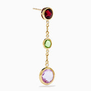 The 14K Yellow Gold Diamond and Multi Color Gemstone Linear Drop Earrings feature red, green, and a larger purple gemstone with sparkling diamond accents, making these gold drop earrings a dazzling statement piece.
