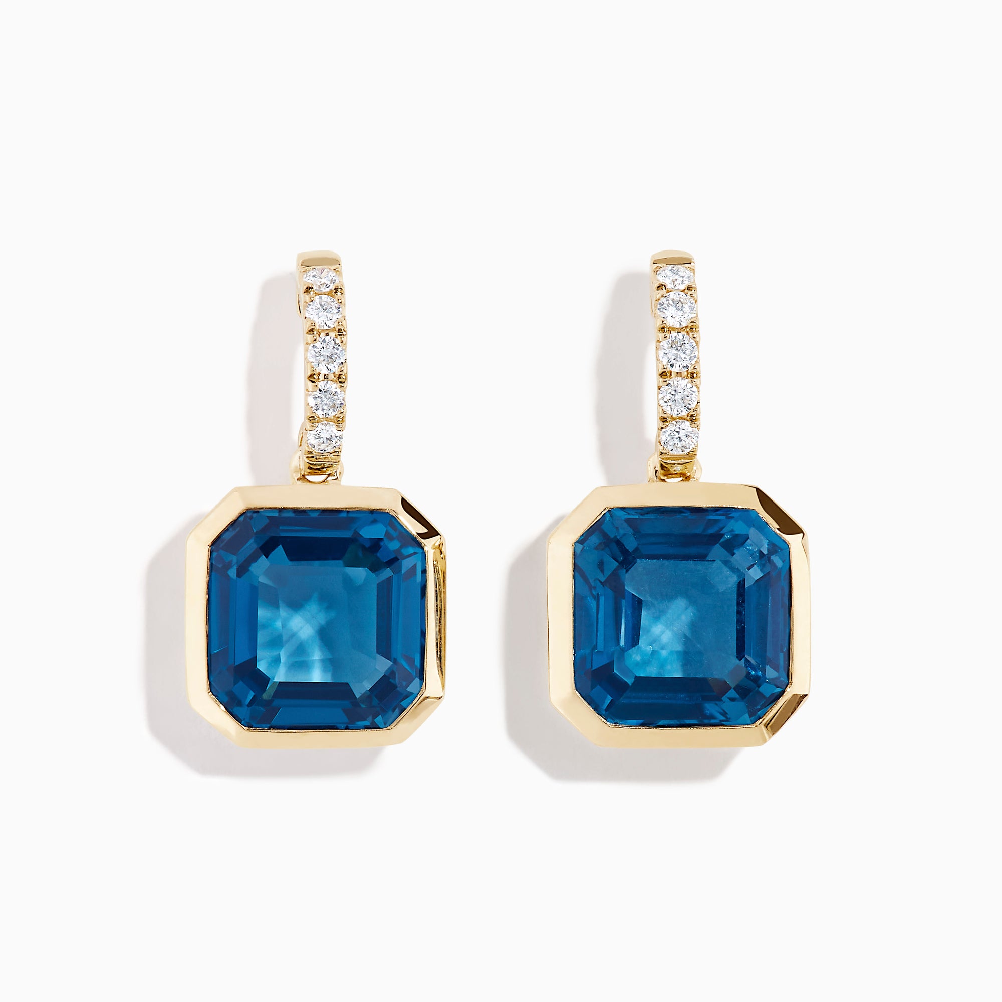 14K Yellow Gold Blue Topaz and Diamond Bezel-Set Drop Earrings