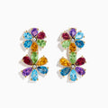 The 14K Yellow Gold Multi-Gemstone Pear-Cut Flower Drop Earrings showcase teardrop-shaped blue, green, red, purple, and yellow gems with a clear center stone on each flower.