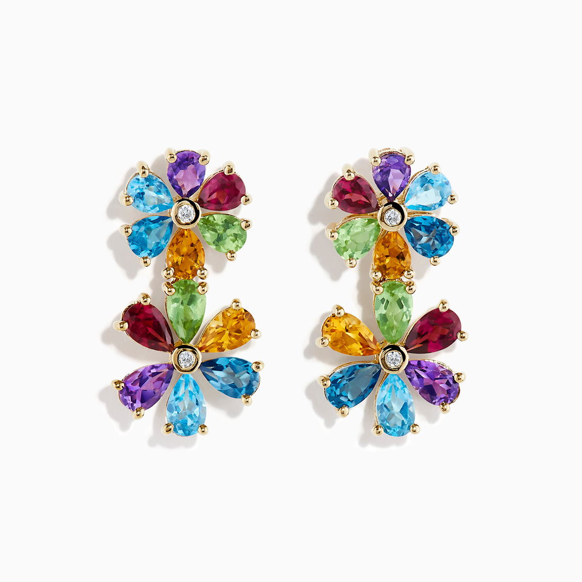 The 14K Yellow Gold Multi-Gemstone Pear-Cut Flower Drop Earrings showcase teardrop-shaped blue, green, red, purple, and yellow gems with a clear center stone on each flower.
