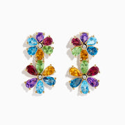 The 14K Yellow Gold Multi-Gemstone Pear-Cut Flower Drop Earrings showcase teardrop-shaped blue, green, red, purple, and yellow gems with a clear center stone on each flower.