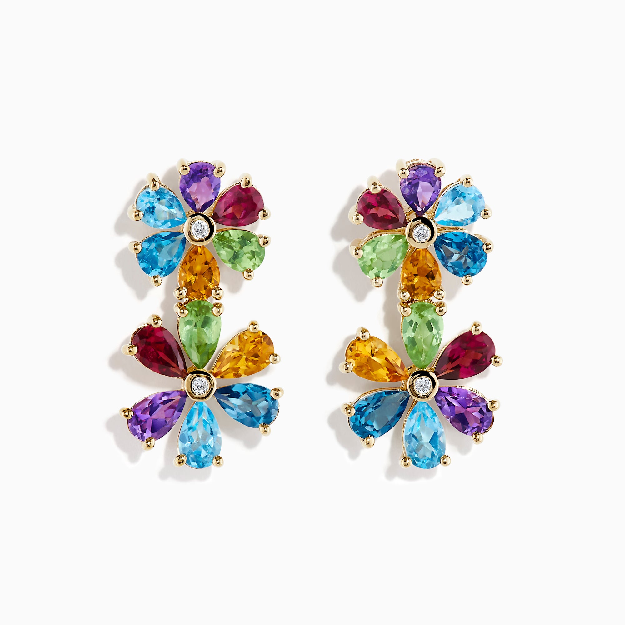 The 14K Yellow Gold Multi-Gemstone Pear-Cut Flower Drop Earrings showcase teardrop-shaped blue, green, red, purple, and yellow gems with a clear center stone on each flower.