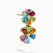 The 14K Yellow Gold Multi-Gemstone Pear-Cut Flower Drop Earrings showcase teardrop-shaped blue, green, red, purple, and yellow gems with a clear center stone on each flower.