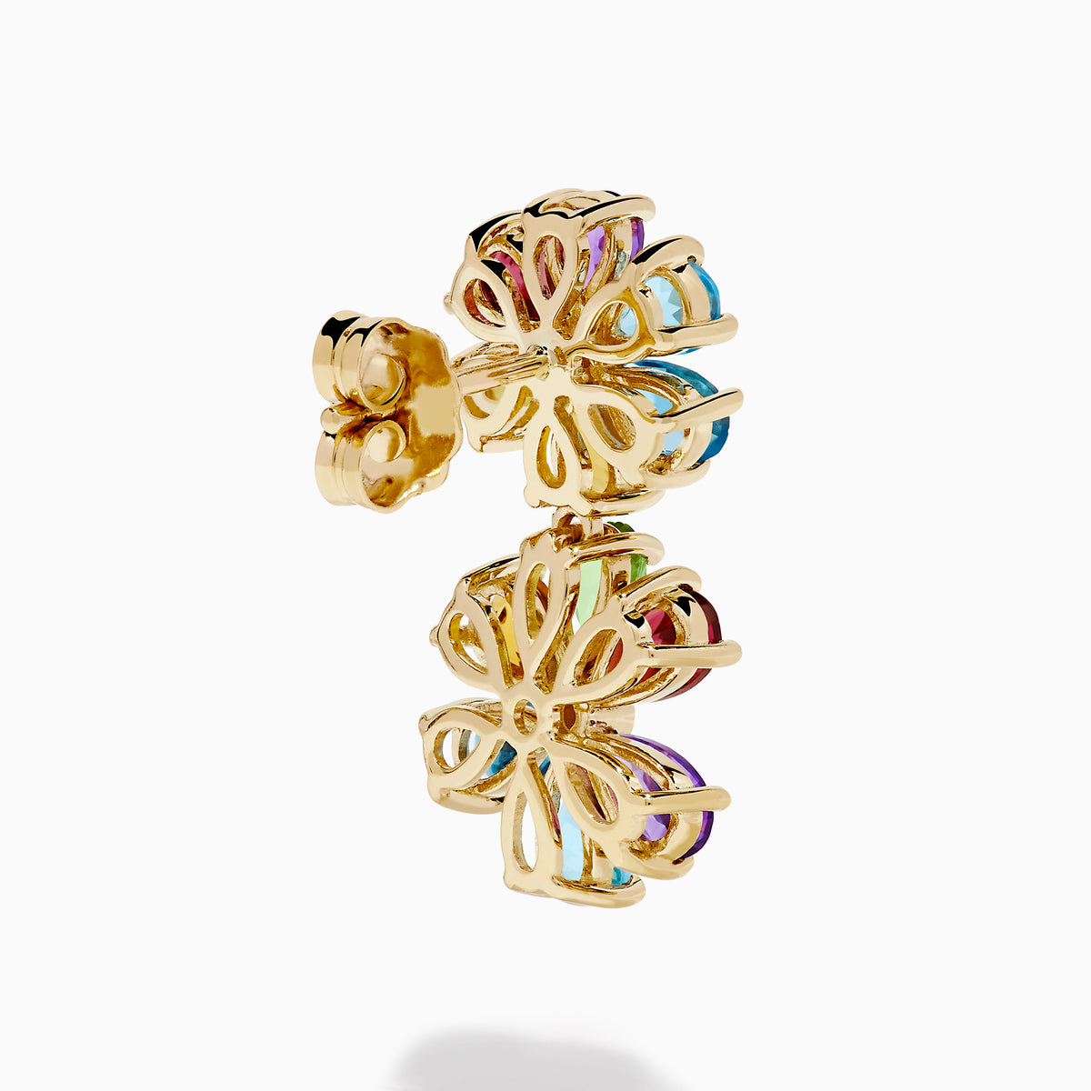 The 14K Yellow Gold Multi-Gemstone Pear-Cut Flower Drop Earrings showcase teardrop-shaped blue, green, red, purple, and yellow gems with a clear center stone on each flower.