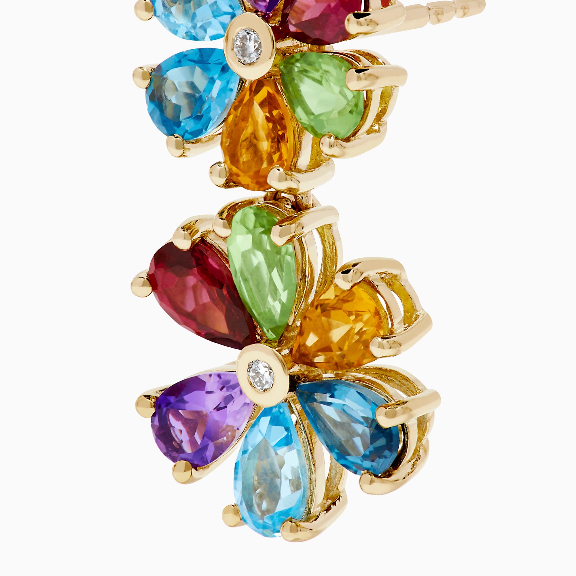 The 14K Yellow Gold Multi-Gemstone Pear-Cut Flower Drop Earrings showcase teardrop-shaped blue, green, red, purple, and yellow gems with a clear center stone on each flower.