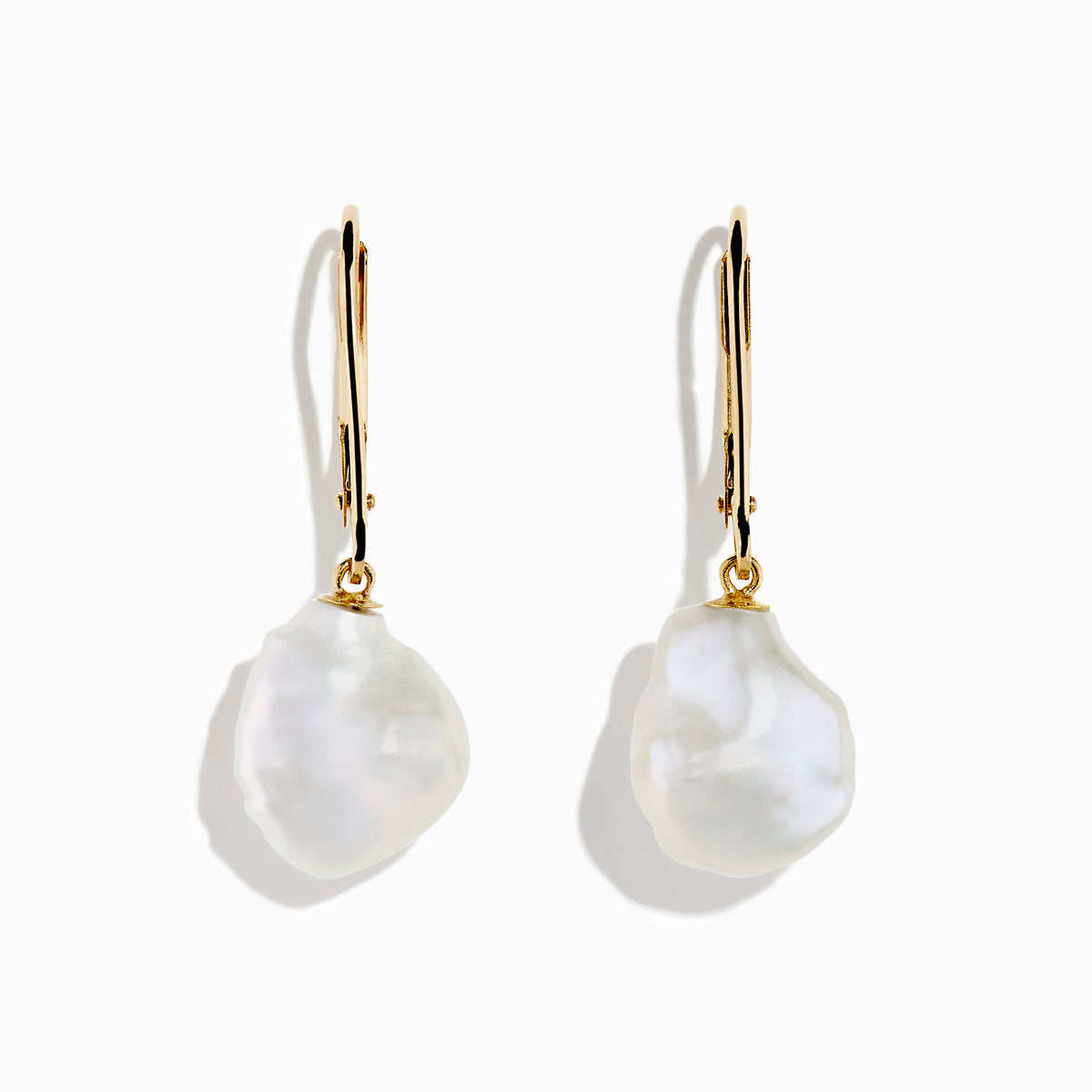 The 14K Yellow Gold Fresh Water Keshi Pearl Drop Earrings feature large, irregular Keshi pearls suspended from simple gold hooks, shown against a plain white background.
