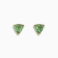 14K Yellow Gold Green Amethyst Stud Earrings featuring triangular green amethyst gemstones in 14K yellow gold prongs, shown on a plain white background.