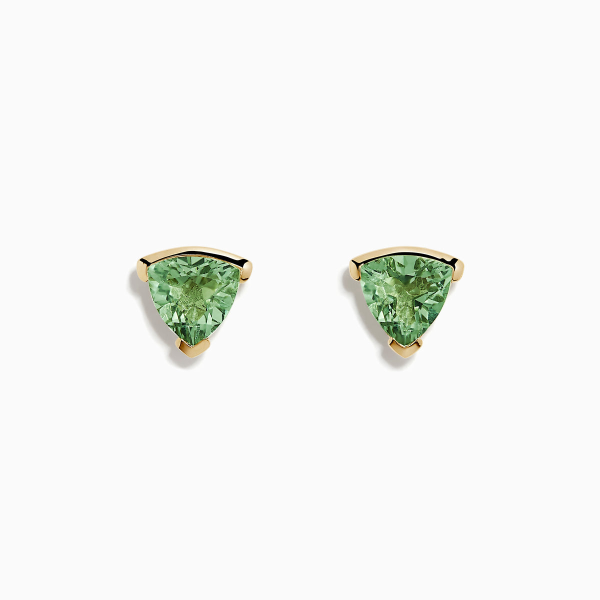 14K Yellow Gold Green Amethyst Stud Earrings featuring triangular green amethyst gemstones in 14K yellow gold prongs, shown on a plain white background.