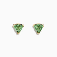 14K Yellow Gold Green Amethyst Stud Earrings featuring triangular green amethyst gemstones in 14K yellow gold prongs, shown on a plain white background.