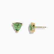 14K Yellow Gold Green Amethyst Stud Earrings featuring triangular green amethyst gemstones in 14K yellow gold prongs, shown on a plain white background.