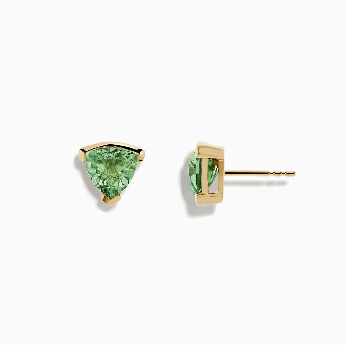 14K Yellow Gold Green Amethyst Stud Earrings featuring triangular green amethyst gemstones in 14K yellow gold prongs, shown on a plain white background.