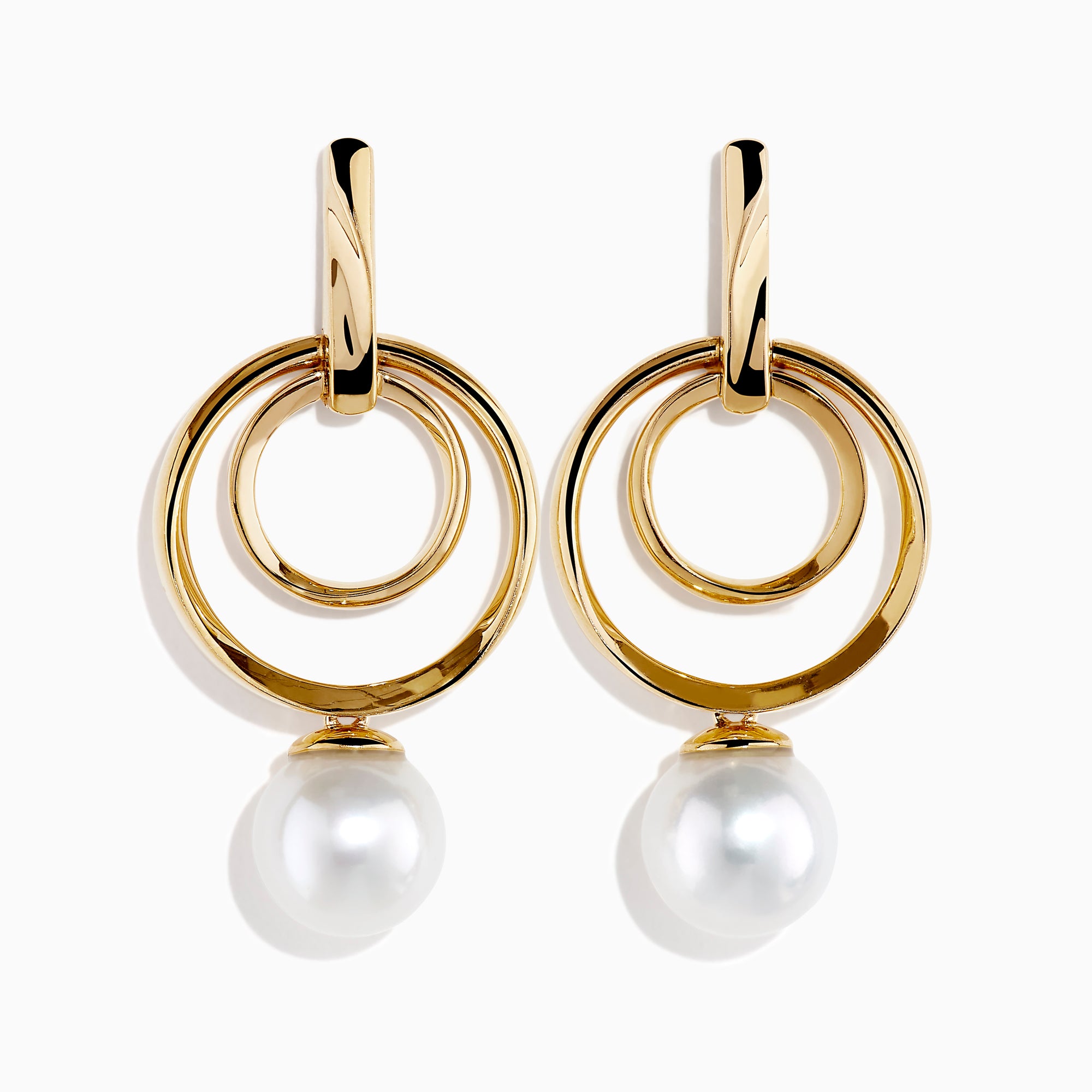 The 14K Yellow Gold Fresh Water Pearl Dangle Earrings feature a double circular design with luminous freshwater pearl drops, shown against a white background.