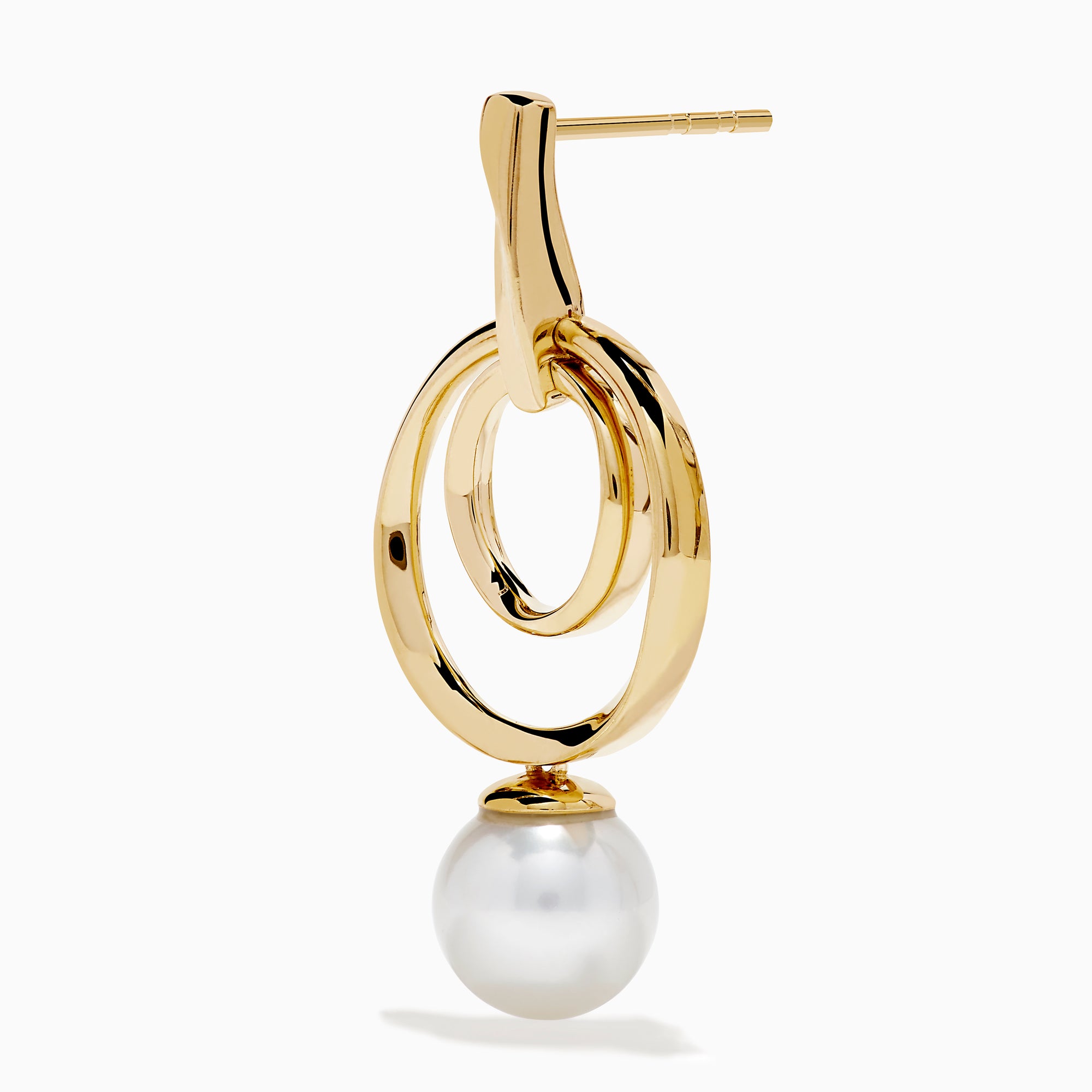 The 14K Yellow Gold Fresh Water Pearl Dangle Earrings feature a double circular design with luminous freshwater pearl drops, shown against a white background.