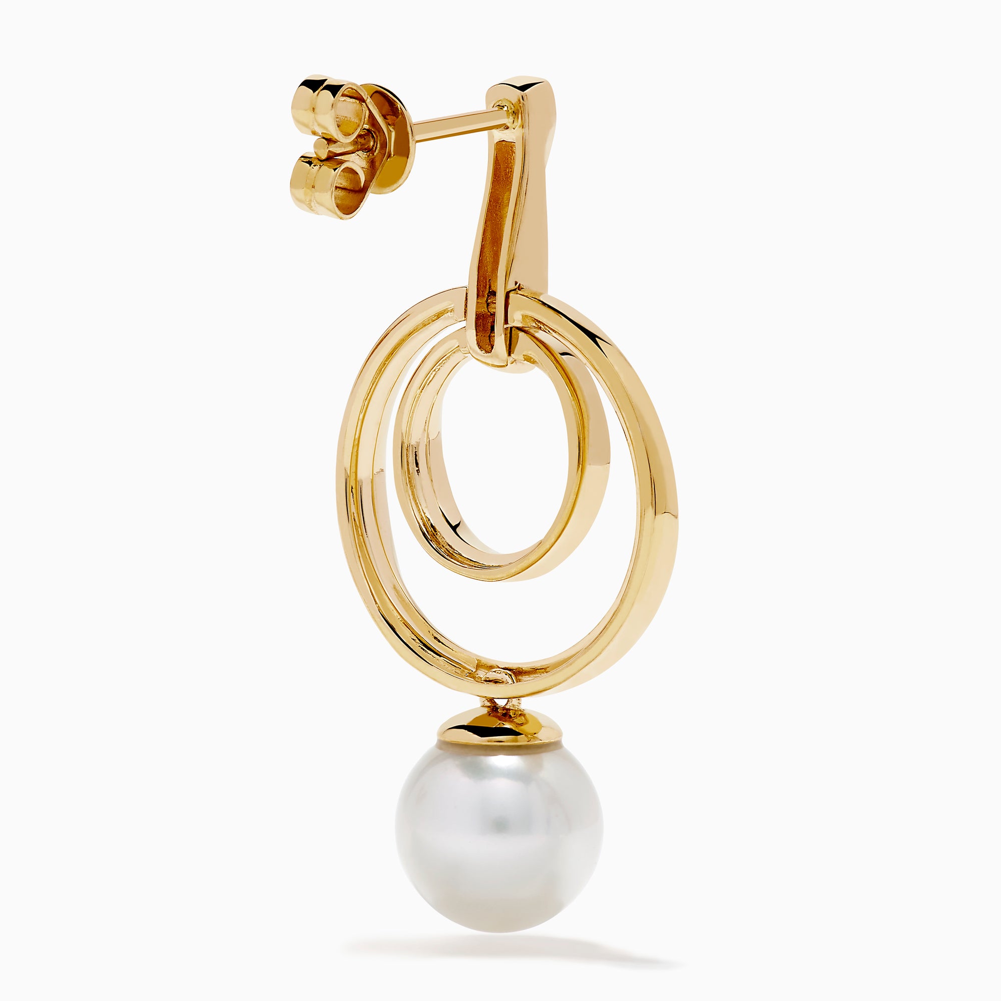 The 14K Yellow Gold Fresh Water Pearl Dangle Earrings feature a double circular design with luminous freshwater pearl drops, shown against a white background.