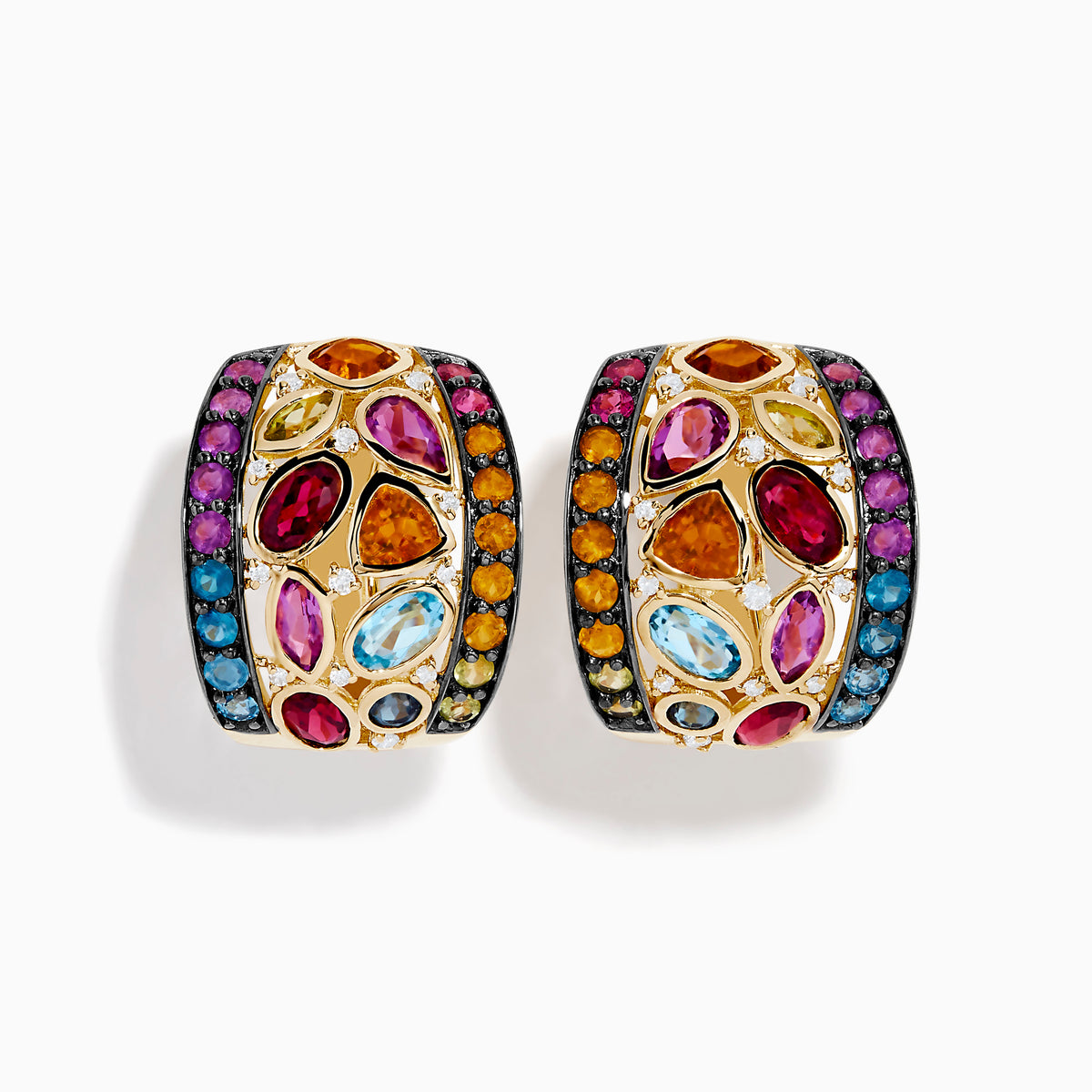 Mosaic 14K Yellow Gold Multi Color Gemstone and Diamond Earrings featuring blue, red, yellow, orange, and pink stones set in intricate patterns on a white background.