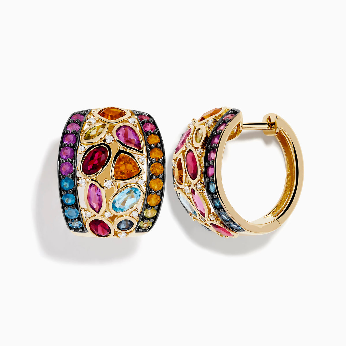 Mosaic 14K Yellow Gold Multi Color Gemstone and Diamond Earrings featuring blue, red, yellow, orange, and pink stones set in intricate patterns on a white background.