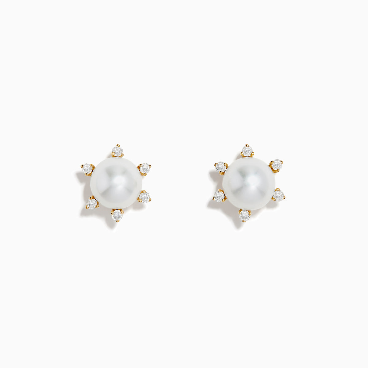These 14K yellow gold earrings showcase a central freshwater pearl encircled by six sparkling diamonds arranged in a radiant pattern.