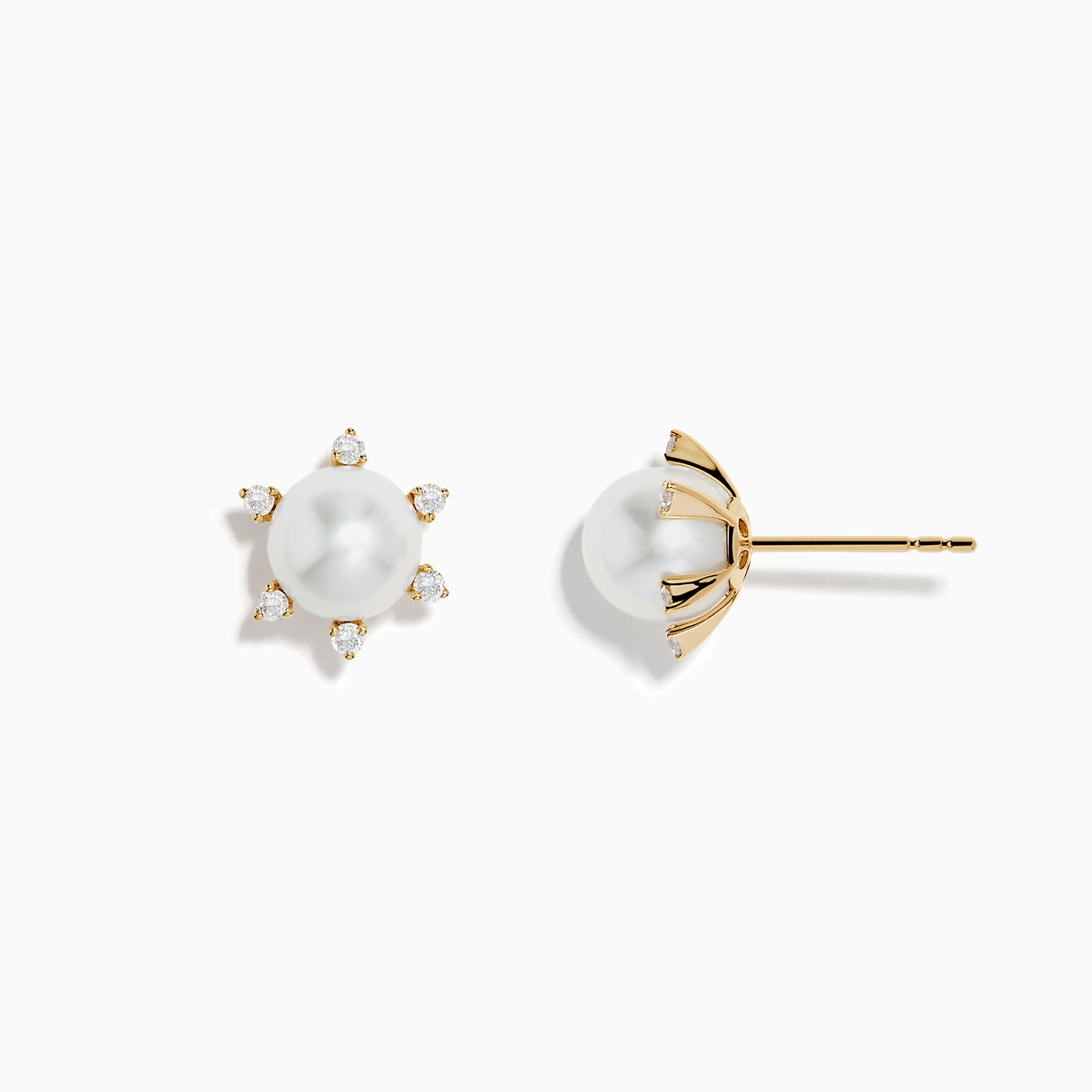 These 14K yellow gold earrings showcase a central freshwater pearl encircled by six sparkling diamonds arranged in a radiant pattern.