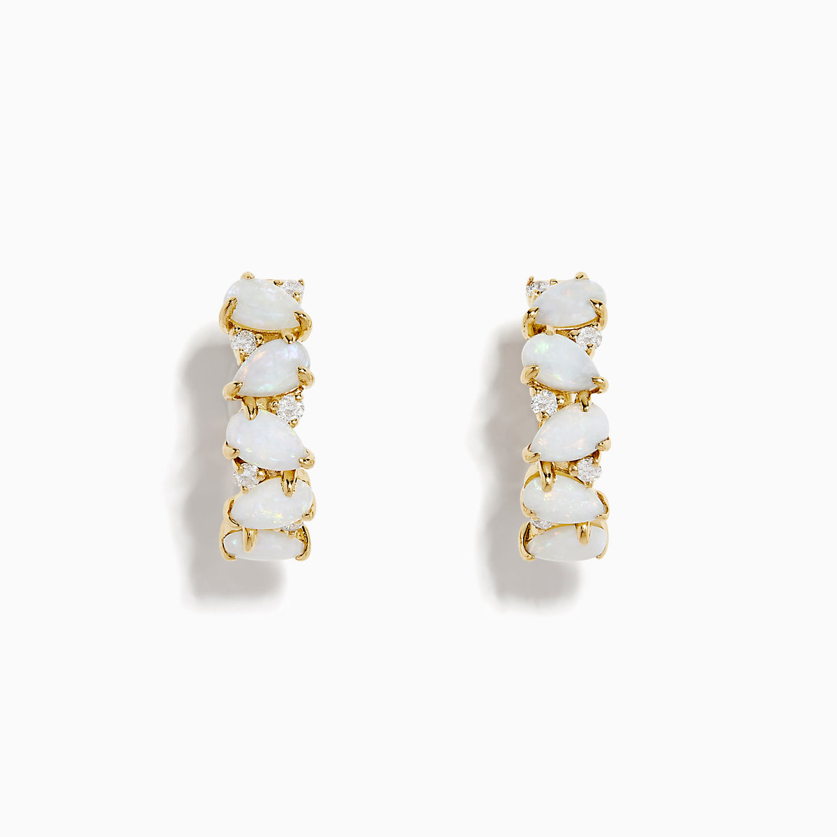 The Aurora 14K Yellow Gold Opal and Diamond Hoop Earrings feature four vertically set white opals per earring, shown against a white background.