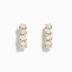 The Aurora 14K Yellow Gold Opal and Diamond Hoop Earrings feature four vertically set white opals per earring, shown against a white background.