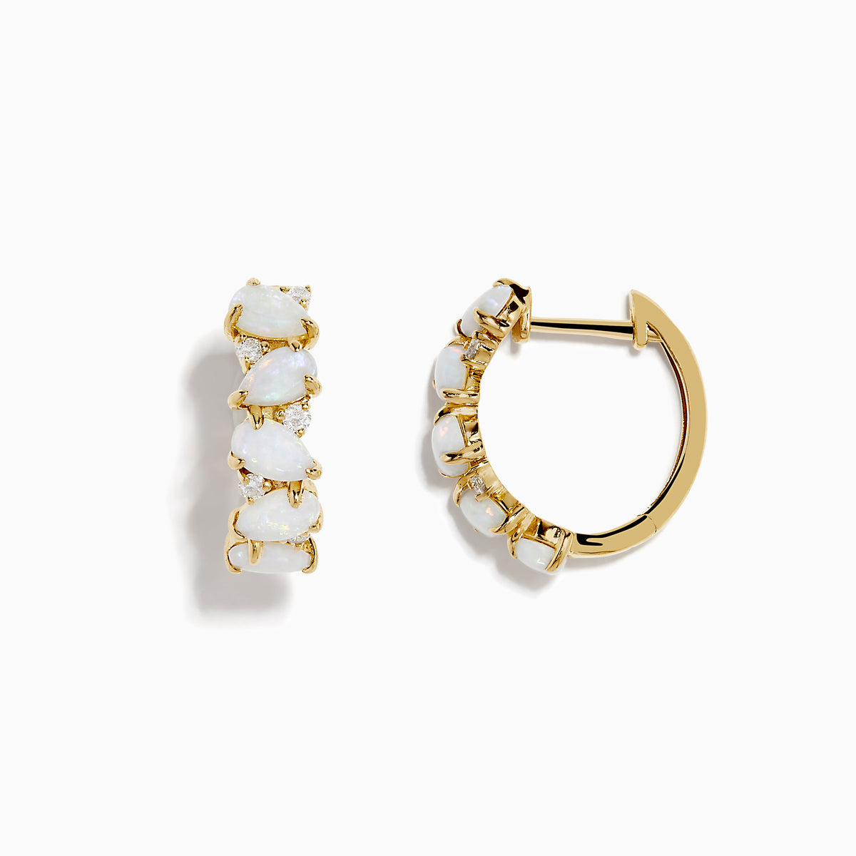 The Aurora 14K Yellow Gold Opal and Diamond Hoop Earrings feature four vertically set white opals per earring, shown against a white background.