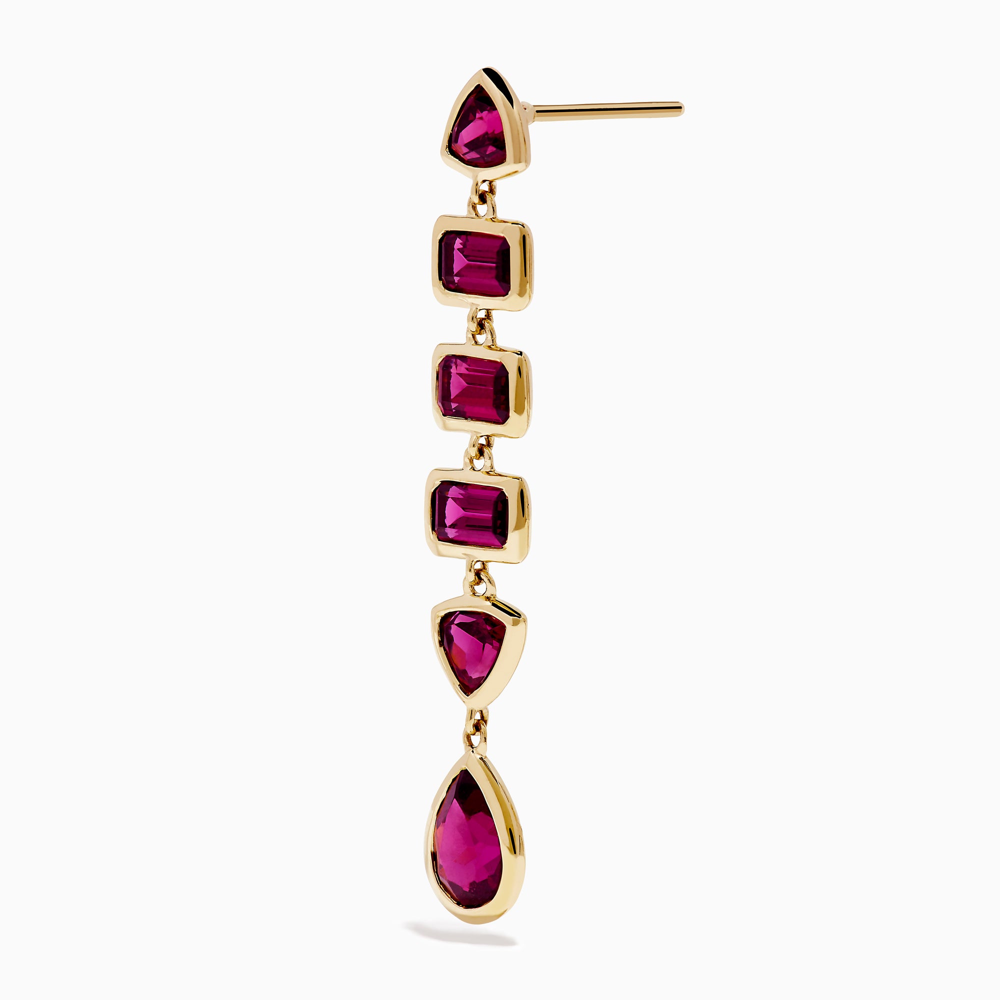 The 14K Yellow Gold Rhodolite Garnet Linear Drop Earrings feature five rhodolite garnets each in teardrop, triangle, and rectangle shapes, arranged vertically. Shown on a white background.