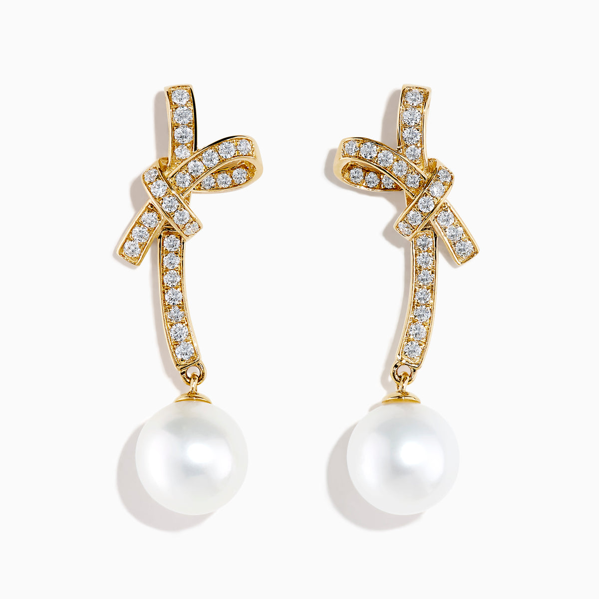14K Yellow Gold Diamond Bow and Cultured Pearl Linear Drop Earrings, featuring diamond-studded bows and dangling cultured pearls, shown on a white background.