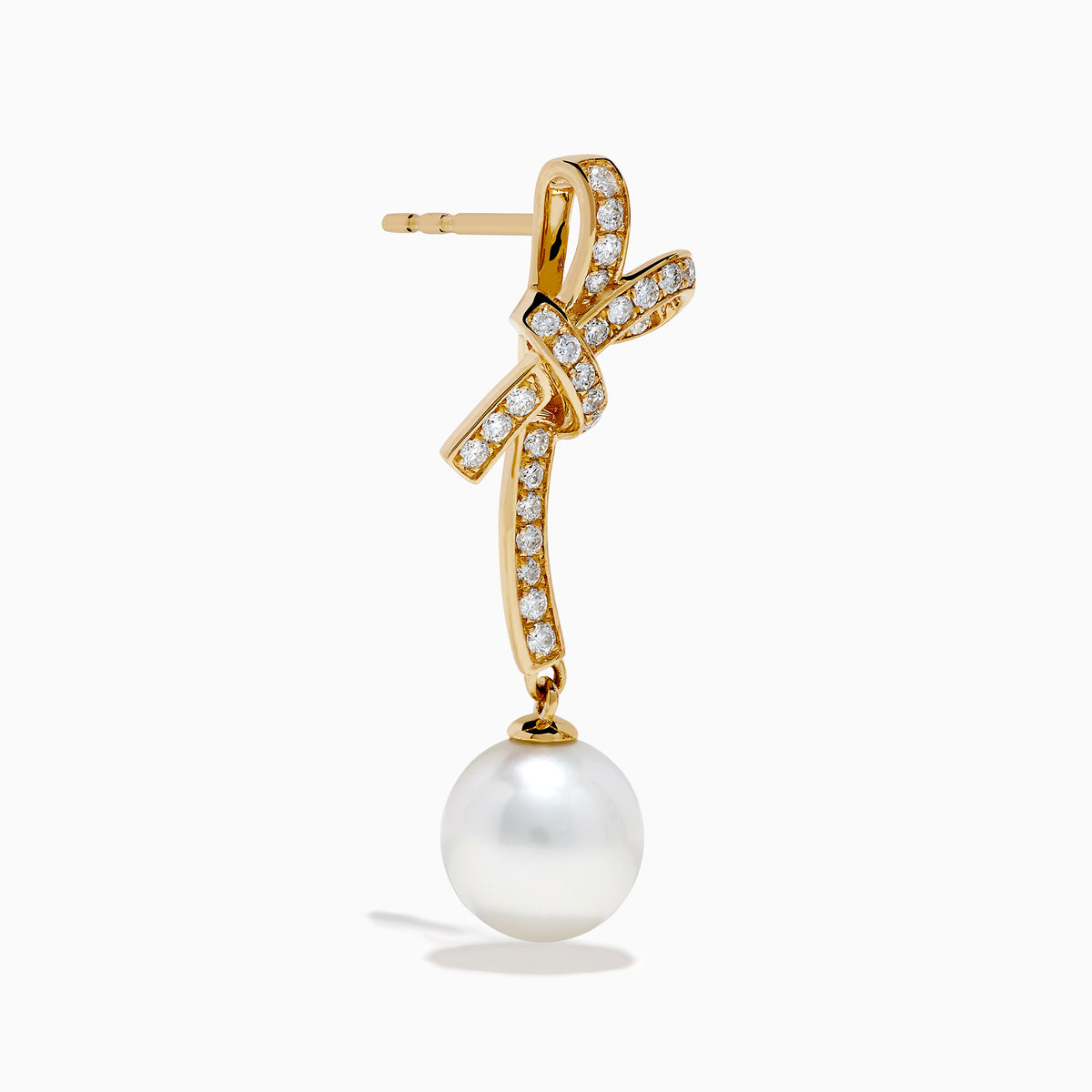 14K Yellow Gold Diamond Bow and Cultured Pearl Linear Drop Earrings, featuring diamond-studded bows and dangling cultured pearls, shown on a white background.