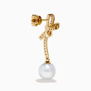 14K Yellow Gold Diamond Bow and Cultured Pearl Linear Drop Earrings, featuring diamond-studded bows and dangling cultured pearls, shown on a white background.