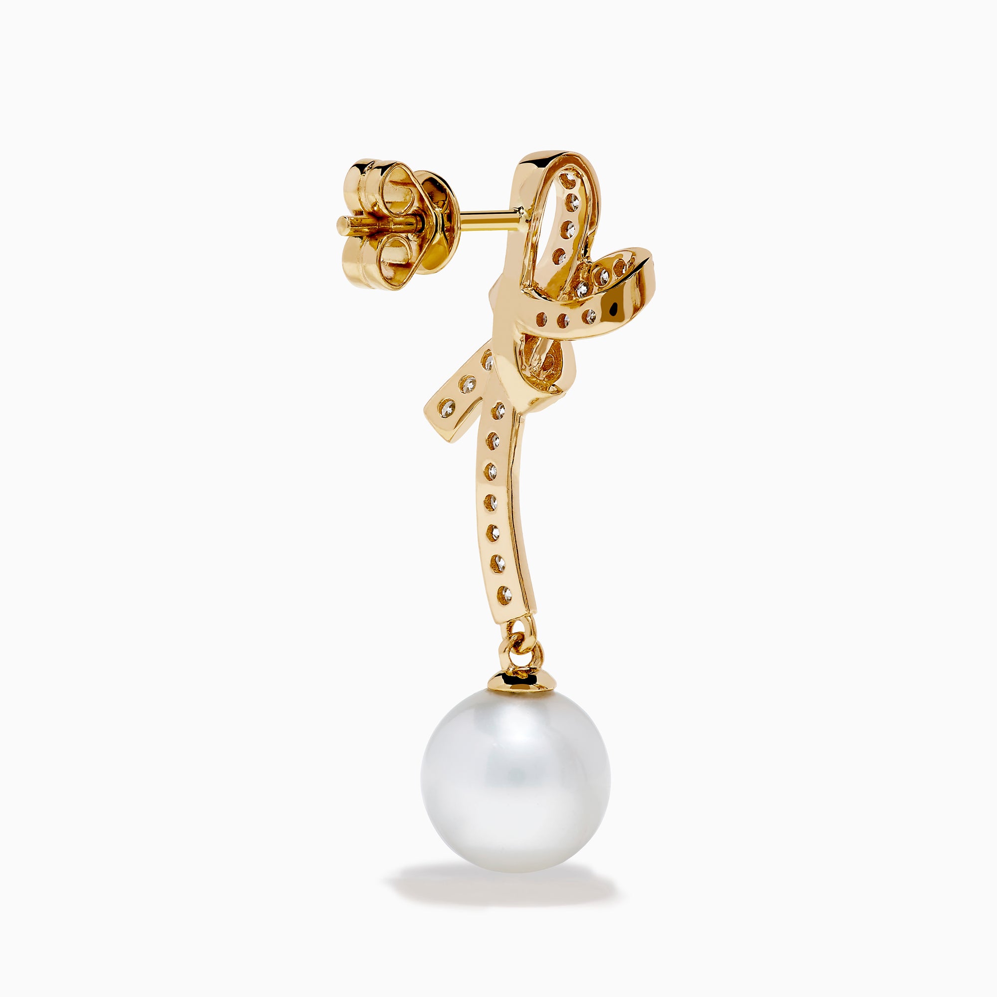 14K Yellow Gold Diamond Bow and Cultured Pearl Linear Drop Earrings, featuring diamond-studded bows and dangling cultured pearls, shown on a white background.