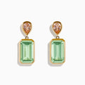 The 14K Yellow Gold Green Amethyst and Morganite Bezel Drop Earrings feature a teardrop morganite above a rectangular green amethyst, shown on a white background.