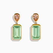 The 14K Yellow Gold Green Amethyst and Morganite Bezel Drop Earrings feature a teardrop morganite above a rectangular green amethyst, shown on a white background.