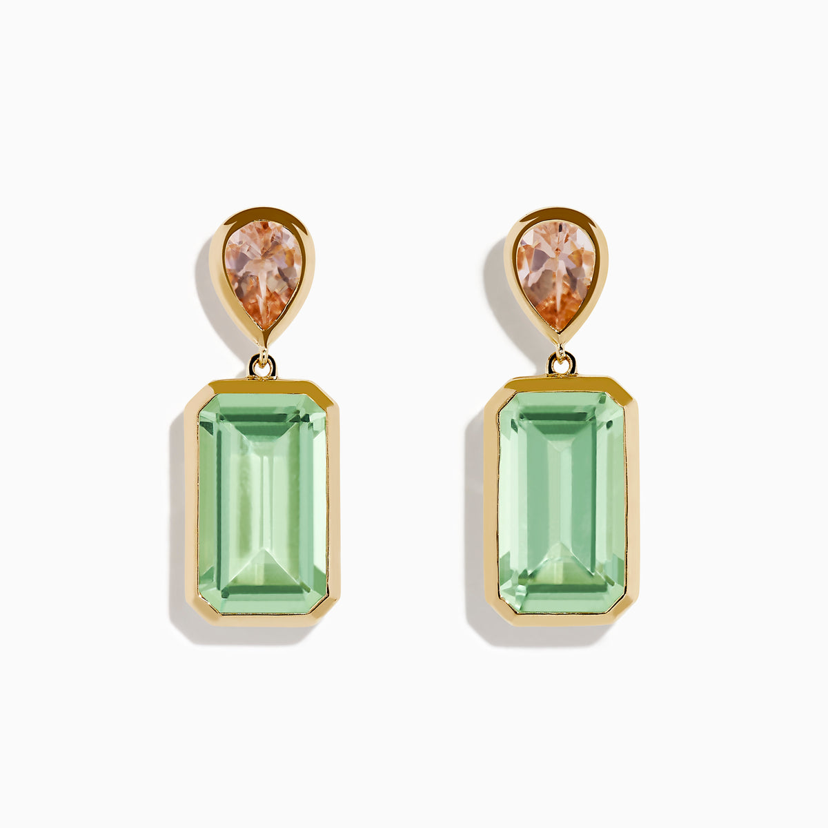 The 14K Yellow Gold Green Amethyst and Morganite Bezel Drop Earrings feature a teardrop morganite above a rectangular green amethyst, shown on a white background.