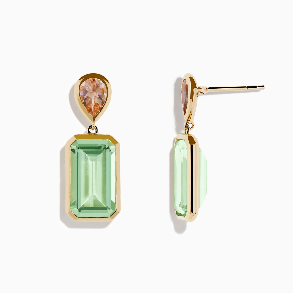 The 14K Yellow Gold Green Amethyst and Morganite Bezel Drop Earrings feature a teardrop morganite above a rectangular green amethyst, shown on a white background.