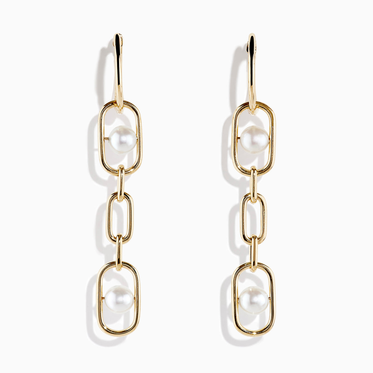 The 14K Yellow Gold Fresh Water Pearl Chain Link Earrings feature freshwater pearls set in the top and bottom links, crafted from 14K yellow gold and shown against a white background.
