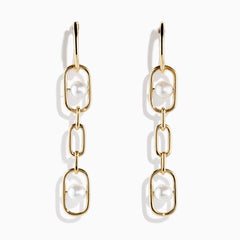 The 14K Yellow Gold Fresh Water Pearl Chain Link Earrings feature freshwater pearls set in the top and bottom links, crafted from 14K yellow gold and shown against a white background.